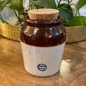 Vtg Crock Bean Pot Cork Stopper Two-tone Brown Tan Patent Date Marking Small